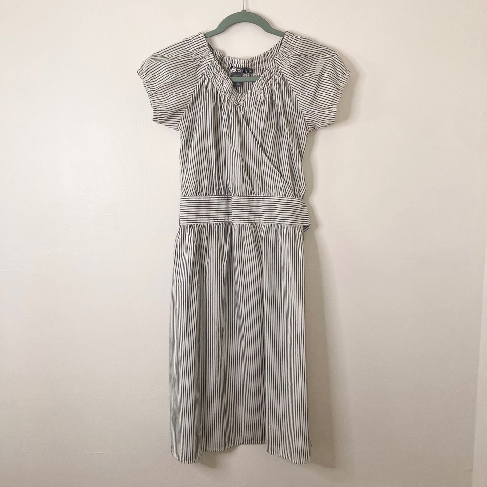 Nautical Split Black White Striped Short Sleeve Belted Wrap Midi Dress S Preppy
